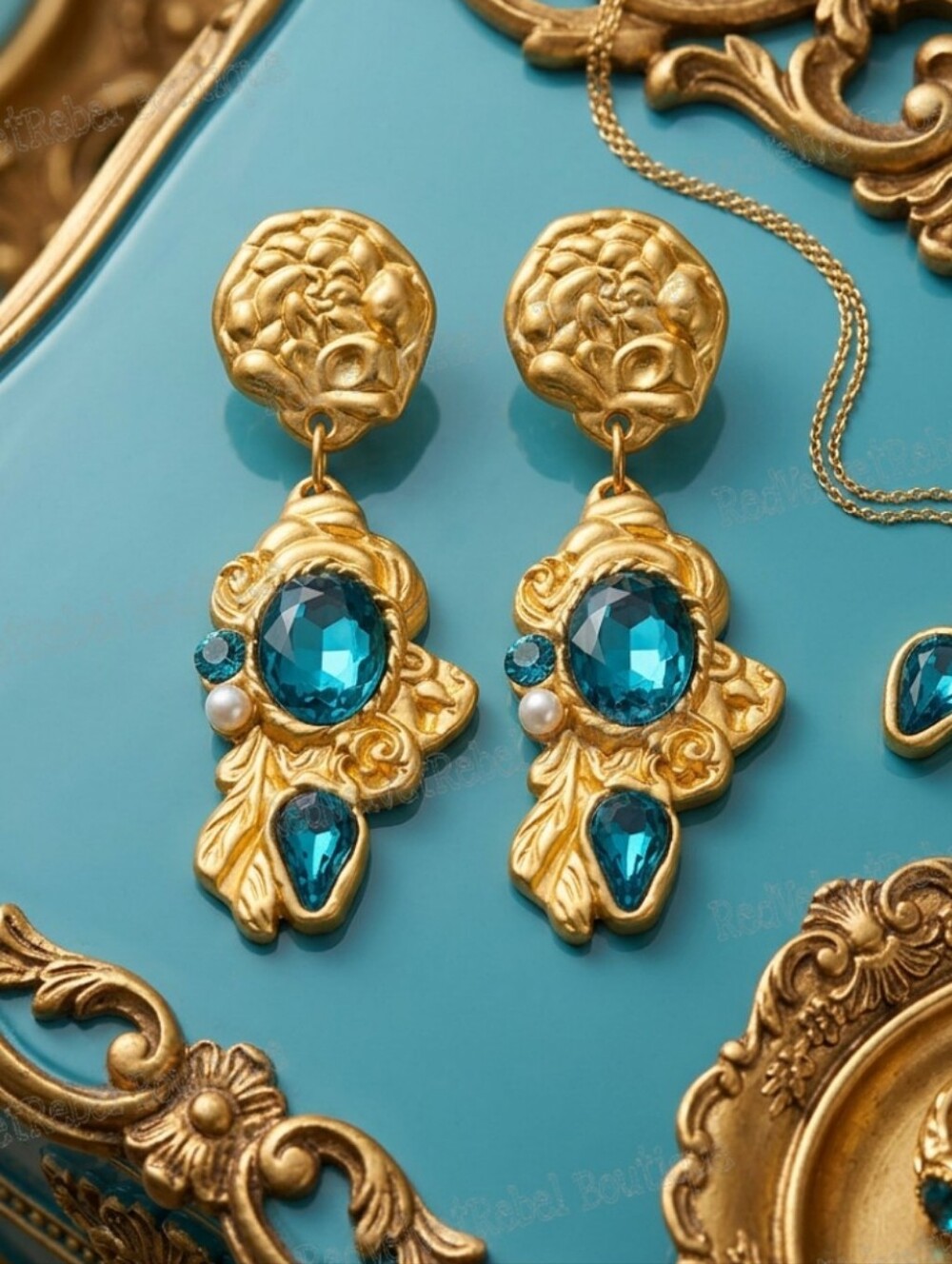 Vintage Estate Baroque Palace Blue Crystal Gold Drop Earrings